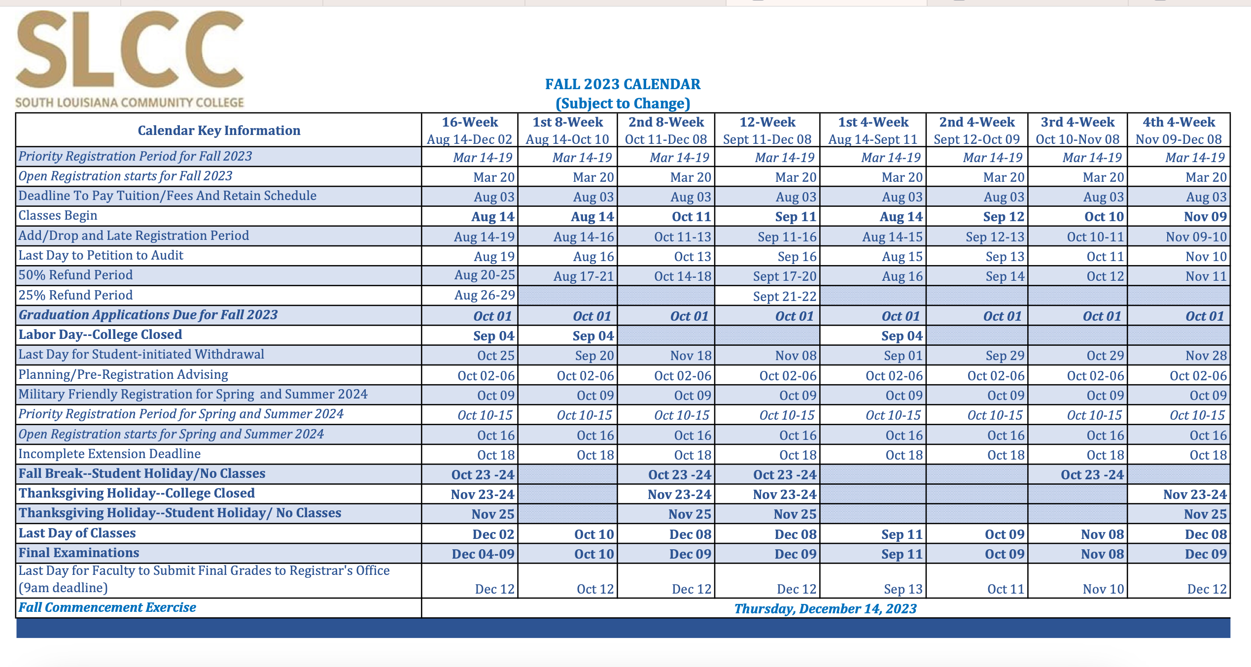 Academic Calendar South Louisiana Community College Acalog ACMS Academic Calendar South Louisiana Community College Acalog ACMS